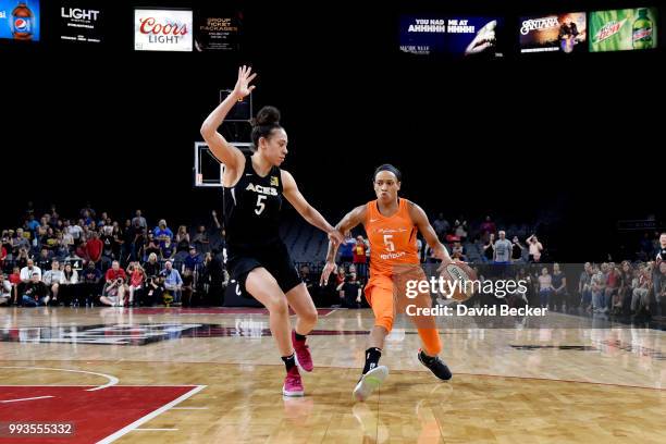 Jasmine Thomas of the Connecticut Sun handles the ball against the Las Vegas Aceson July 7, 2018 at the Mandalay Bay Events Center in Las Vegas,...