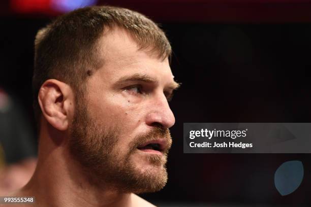 Stipe Miocic prepares to face Daniel Cormier in their UFC heavyweight championship fight during the UFC 226 event inside T-Mobile Arena on July 7,...