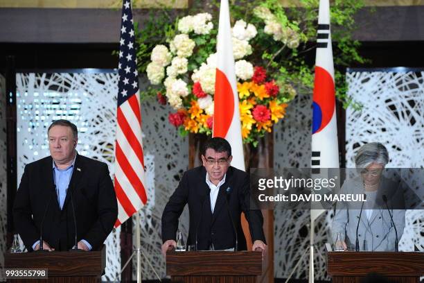 Secretary of State Mike Pompeo, Japan's Foreign Minister Taro Kono and South Korea's Foreign Minister Kang Kyung-wha attend a press conference at...