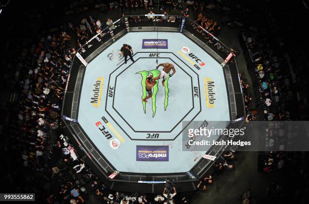 An overhead view of Francis Ngannou of Cameroon and Derrick Lewis in their heavyweight fight during the UFC 226 event inside T-Mobile Arena on July...