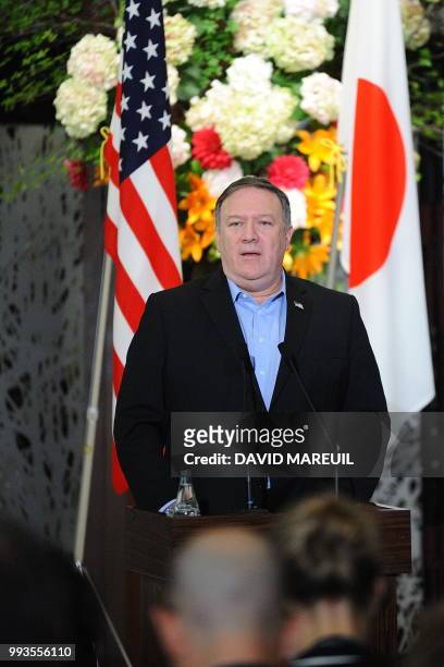 Secretary of State Mike Pompeo attends a press conference with Japan's Foreign Minister Taro Kono and South Korea's Foreign Minister Kang Kyung-wha...