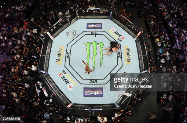 An overhead view as Daniel Cormier celebrates his knockout victory over Stipe Miocic in their UFC heavyweight championship fight during the UFC 226...