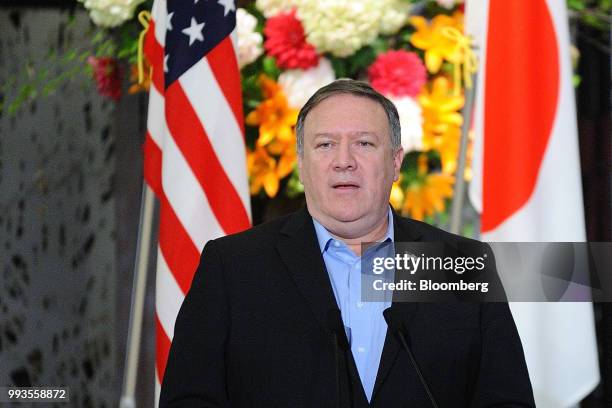 Mike Pompeo, U.S. Secretary of state, speaks during a news conference with Taro Kono, Japan's foreign minister, and Kang Kyung-Wha, South Korea's...