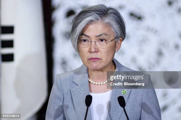 Kang Kyung-Wha, South Korea's foreign minister, pauses during a news conference with Taro Kono, Japan's foreign minister, and Mike Pompeo, U.S....