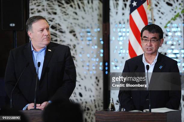 Taro Kono, Japan's foreign minister, right, speaks during a news conference with Mike Pompeo, U.S. Secretary of state, left, and Kang Kyung-wha,...