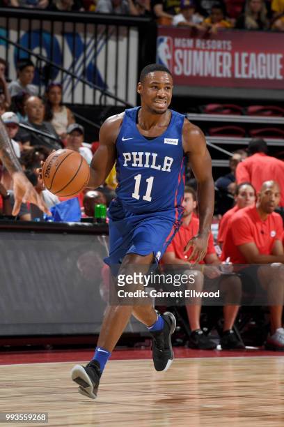Demetrius Jackson of the Philadelphia 76ers handles the ball against the Los Angeles Lakers during the 2018 Las Vegas Summer League on July 7, 2018...