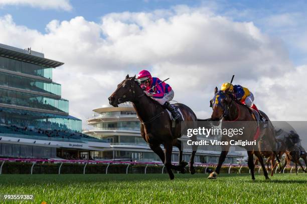 Luke Nolen riding Good 'N' Fast defeating Craig Williams riding Scottish Rogue in Race 5, Taj Rossi Series Final during Melbourne Racing at...