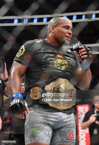 Daniel Cormier addresses the crowd after winning his heavyweight championship fight against Stipe Miocic at T-Mobile Arena on July 7, 2018 in Las...