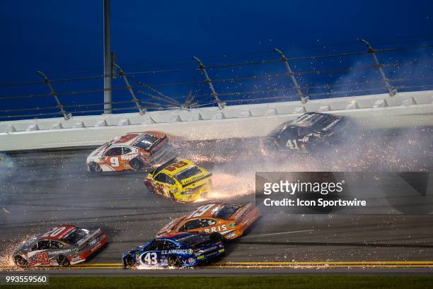 The Big One collects Chase Elliott, driver of the Hooters Chevrolet, Joey Logano, driver of the Sell Pennzoil Ford,Kurt Busch, driver of the Monster...