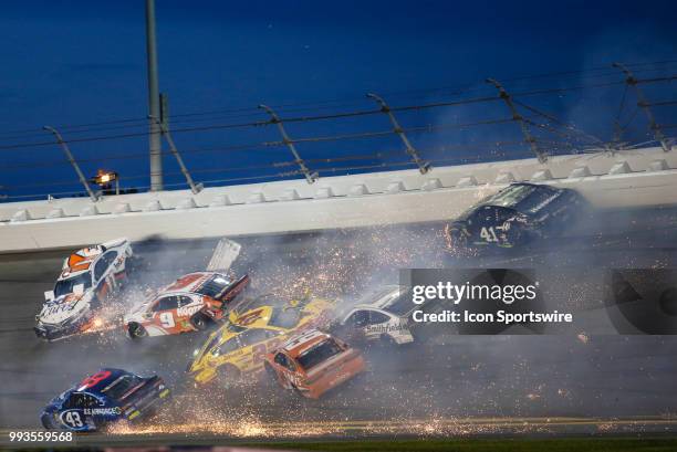 The Big One collects Chase Elliott, driver of the Hooters Chevrolet, Joey Logano, driver of the Sell Pennzoil Ford,Kurt Busch, driver of the Monster...