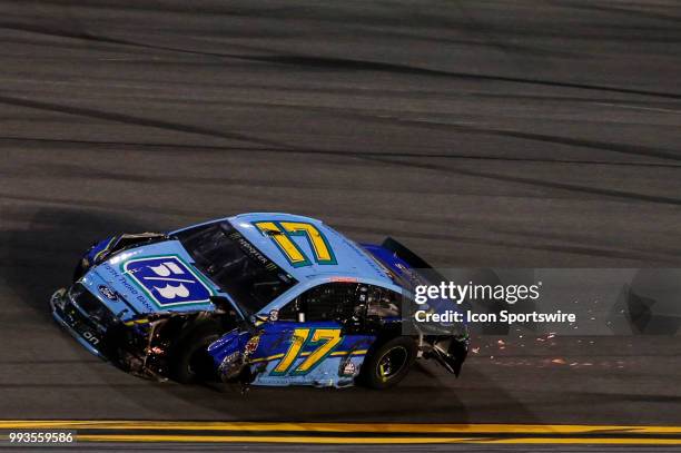 Ricky Stenhouse Jr., driver of the Fifth Third Bank Ford, is damaged following the Coke Zero Sugar 400 on July 7, 2018 at Daytona International...