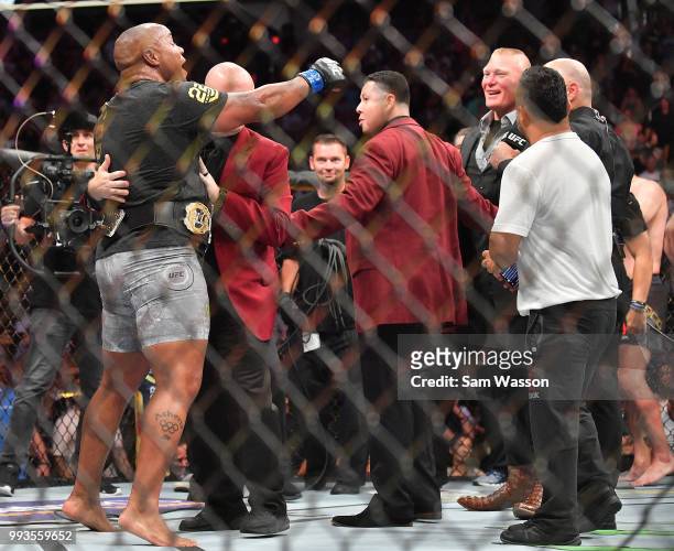 Daniel Cormier challenges Brock Lesnar after winning his heavyweight championship fight against Stipe Miocic at T-Mobile Arena on July 7, 2018 in Las...