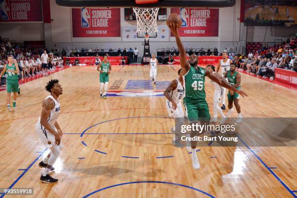 Kadeem Allen of the Boston Celtics goes to the basket against the Denver Nuggets during the 2018 Las Vegas Summer League on July 7, 2018 at the Cox...