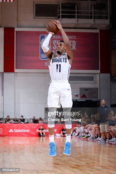 Monte Morris of the Denver Nuggets shoots the ball against the Boston Celtics during the 2018 Las Vegas Summer League on July 7, 2018 at the Cox...