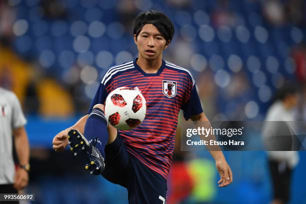 Gaku Shibasaki of Japan warms up prior to the 2018 FIFA World Cup Russia Round of 16 match between Belgium and Japan at Rostov Arena on July 2, 2018...