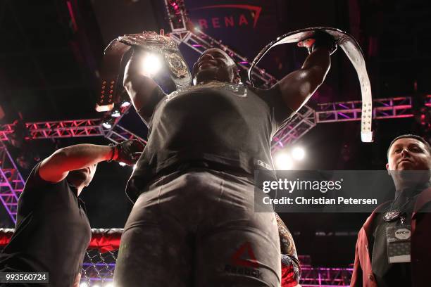 Daniel Cormier celebrates his victory over Stipe Miocic in their UFC heavyweight championship fight during the UFC 226 event inside T-Mobile Arena on...