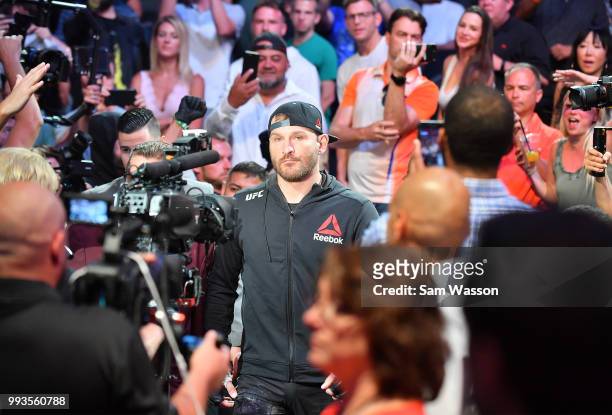 Stipe Miocic enters the arena before his heavyweight championship fight against Daniel Cormier at T-Mobile Arena on July 7, 2018 in Las Vegas,...