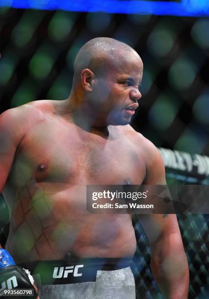 Daniel Cormier stands in the octagon before his heavyweight championship fight against Stipe Miocic at T-Mobile Arena on July 7, 2018 in Las Vegas,...