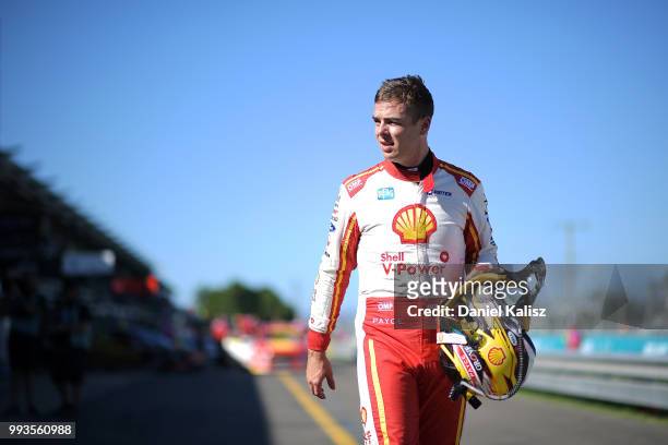 Scott McLaughlin driver of the Shell V-Power Racing Team Ford Falcon FGX looks on during the top ten shoot out for race 18 of the Supercars...