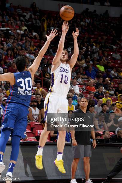 Svi Mykhailiuk of the Los Angeles Lakers shoots the ball against the Philadelphia 76ers during the 2018 Las Vegas Summer League on July 7, 2018 at...