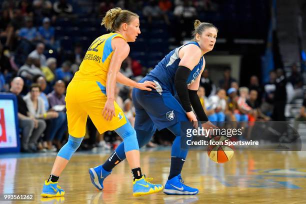 Minnesota Lynx guard Alexis Jones handles the ball against Chicago Sky guard Courtney Vandersloot on July 7, 2018 at the Wintrust Arena in Chicago,...