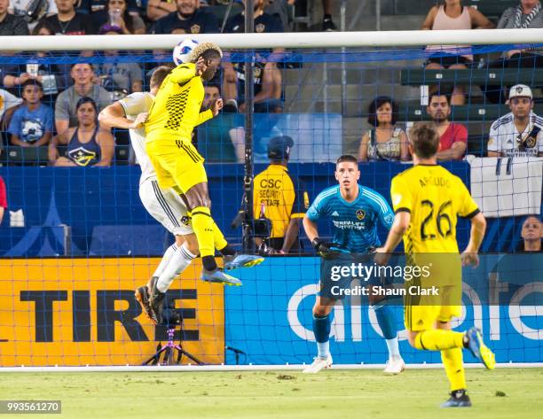 Gyasi Zardes of Columbus Crew heads the ball toward goal during the Los Angeles Galaxy's MLS match against Columbus Crew at the StubHub Center on...