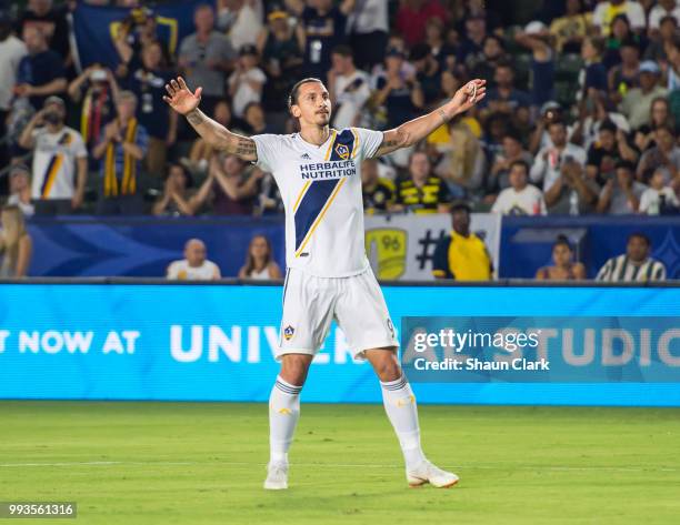 Zlatan Ibrahimovic of Los Angeles Galaxy celebrates his goal during the Los Angeles Galaxy's MLS match against Columbus Crew at the StubHub Center on...