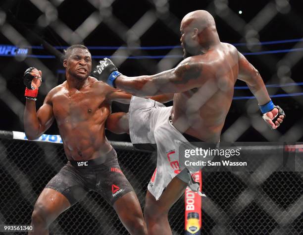 Derrick Lewis kicks Francis Ngannou during their heavyweight fight at T-Mobile Arena on July 7, 2018 in Las Vegas, Nevada. Lewis won by unanimous...