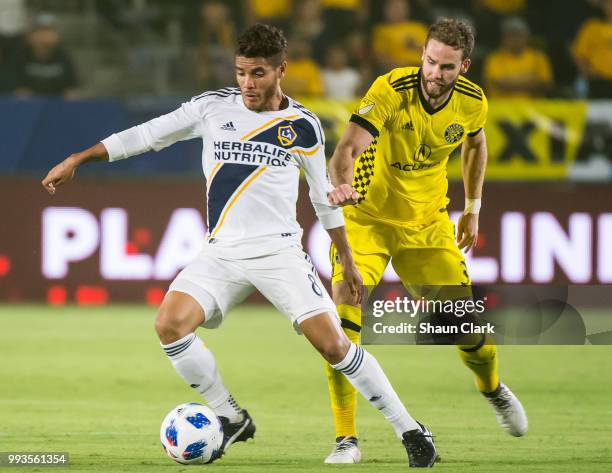 Jonathan dos Santos of Los Angeles Galaxy during the Los Angeles Galaxy's MLS match against Columbus Crew at the StubHub Center on July 7, 2018 in...