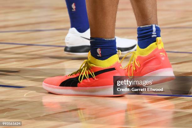 The sneakers of Zhaire Smith of the Philadelphia 76ers are seen during the game against the Los Angeles Lakers during the 2018 Las Vegas Summer...