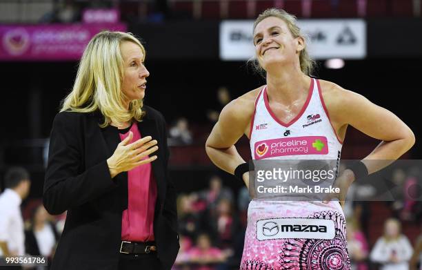 Jane Woodlands-Thompson chats to Leana de Bruin of the Thunderbirds after the round 10 Super Netball match between the Thunderbirds and the Magpies...