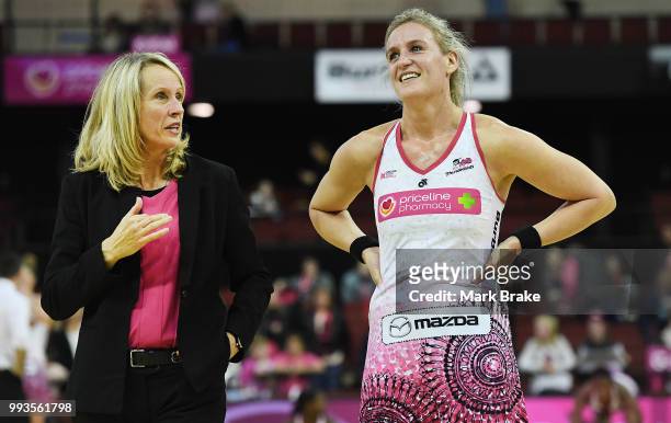 Jane Woodlands-Thompson chats to Leana de Bruin of the Thunderbirds after the round 10 Super Netball match between the Thunderbirds and the Magpies...