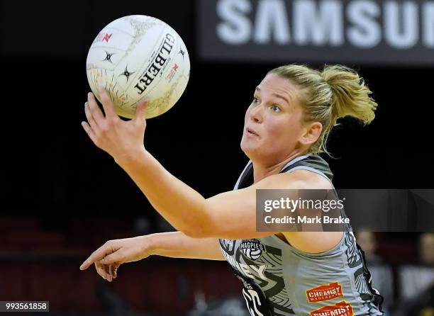 Caitlin Thwaites of the Magpies during the round 10 Super Netball match between the Thunderbirds and the Magpies at Priceline Stadium on July 8, 2018...