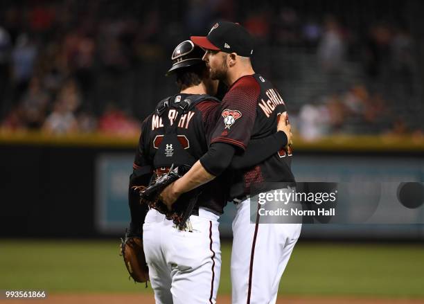 McFarland and John Ryan Murphy of the Arizona Diamondbacks celebrate a 20-5 win against the San Diego Padres at Chase Field on July 7, 2018 in...