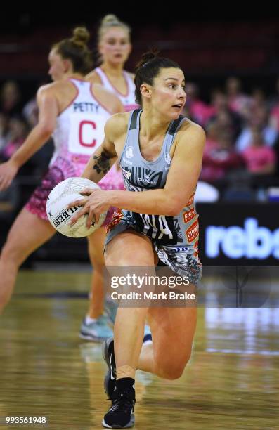 Madi Robinson of the Magpies during the round 10 Super Netball match between the Thunderbirds and the Magpies at Priceline Stadium on July 8, 2018 in...