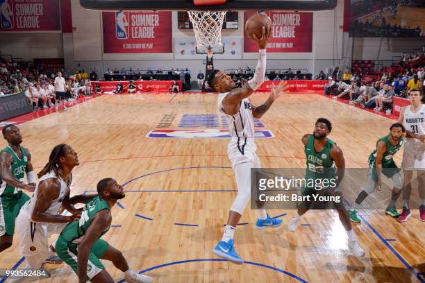 Monte Morris of the Denver Nuggets goes to the basket against the Boston Celtics during the 2018 Las Vegas Summer League on July 7, 2018 at the Cox...
