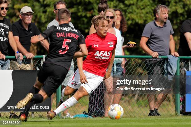 Marc Dal Hende of FC Midtjylland, Jonas Svensson of AZ Alkmaar during the Club Friendly match between AZ Alkmaar v FC Midtjylland at the VV Dirkshorn...