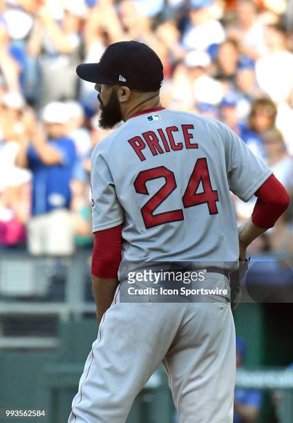 Boston Red Sox starting pitcher David Price watches a home run ball hit by Kansas City Royals designated hitter Lucas Duda during a Major League...