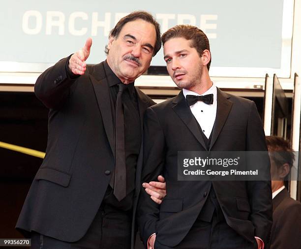 Director Oliver Stone and actor Shia LaBeouf attend the Premiere of 'Wall Street: Money Never Sleeps' held at the Palais des Festivals during the...