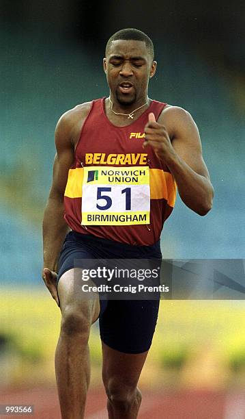 Darren Campbell of Belgrave holds his leg after the 100m mens heats during the Norwich Union World Trials & AAA Championships held at the Alexander...