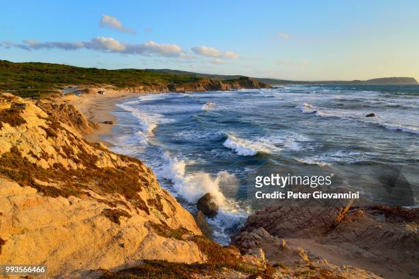 coast with rocks and sandy beach in the evening light, rena majore, province of olbia-tempio, sardinia, italy - tempio stock pictures, royalty-free photos & images