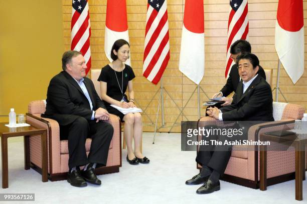Secretary of State Mike Pompeo and Japanese Prime Minister Shinzo Abe talk their meeting at the prime minister's official residence on July 8, 2018...