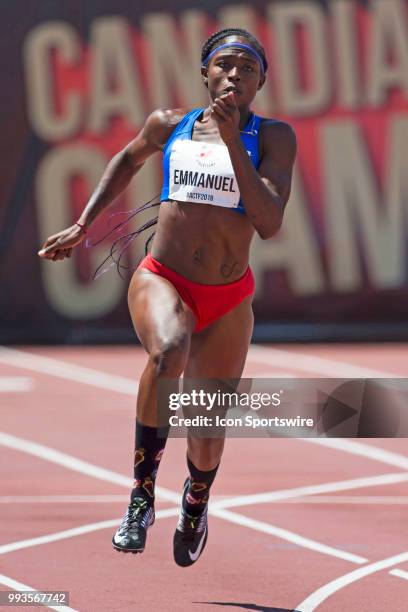 Crystal Emmanuel runs a 200m semi-final at the 2018 Athletics Canada National Track and Field Championships on July 07, 2018 held at the Terry Fox...