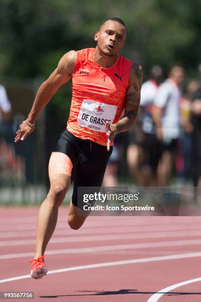 Andre de Grasse runs a 200m semi-final at the 2018 Athletics Canada National Track and Field Championships on July 07, 2018 held at the Terry Fox...