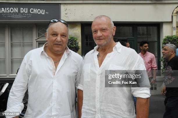 Boxing champion Franck Tiozzo and bar tender "Nounours" attend "Jamais A Terre" Jo Prestia Book Signing At Art Cube Galerie on July 7, 2018 in Paris,...