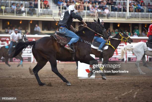 An outrider competes in the GMC Rangeland Derby Chuckwagon Races at the Calgary Stampede on July 6, 2018 at Stampede Park in Calgary, AB.