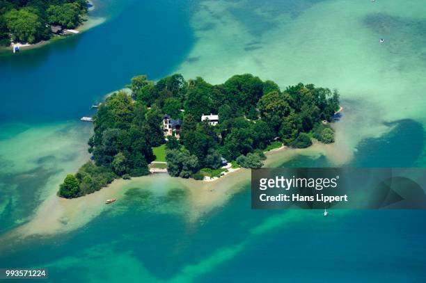 rose island aerial view, lake starnberg, upper bavaria, bavaria, germany - starnberger see stock pictures, royalty-free photos & images