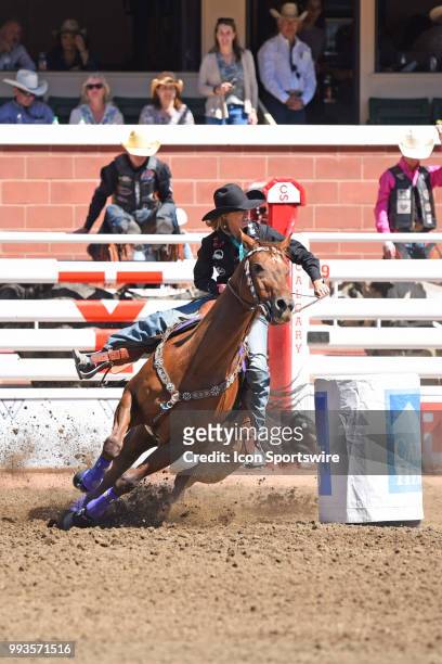 Barrel racer completes her final turn at the Calgary Stampede on July 7, 2018 at Stampede Park in Calgary, AB.
