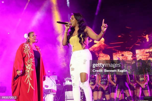 Queen Latifah and Remy Ma perform onstage during the 2018 Essence Festival presented By Coca-Cola - Day 2 at Louisiana Superdome on July 7, 2018 in...