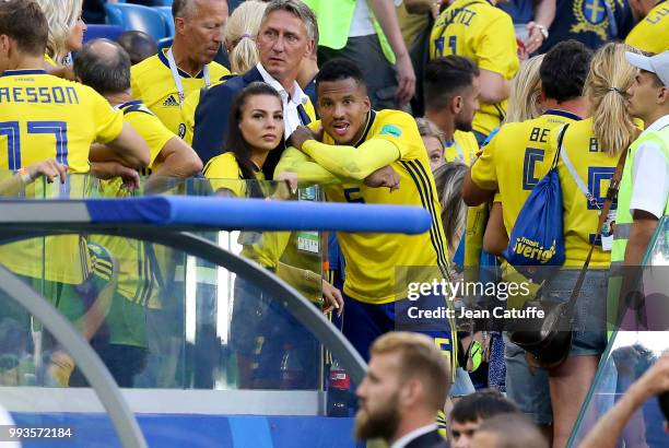 Martin Olsson of Sweden is consoled following the 2018 FIFA World Cup Russia Quarter Final match between Sweden and England at Samara Arena on July...